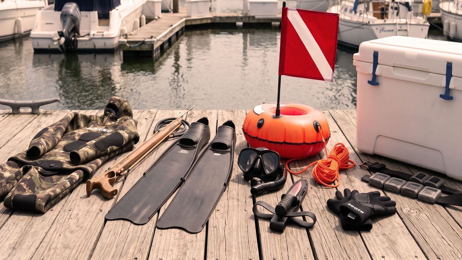 Booth Spearguns dive gear laid out and ready for a trip