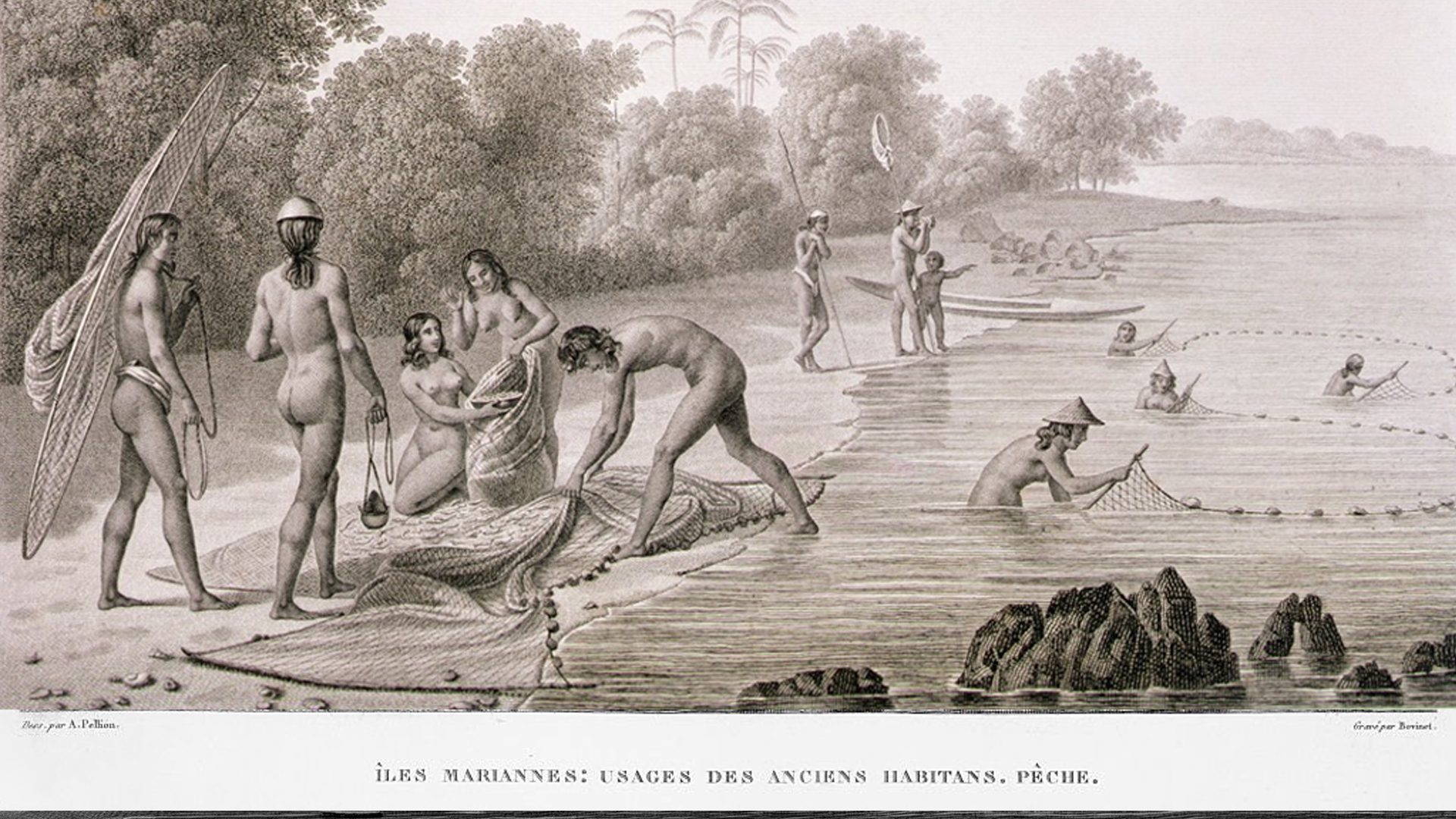 Chamorro fishing — Guåhan, drawn by Alphonse Pellion, c. 1817