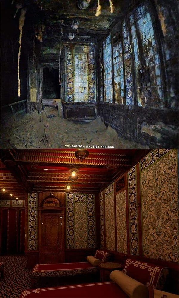 Titanic's Turkish Baths — teak woodwork on the wreck compared to the original 1912 room
